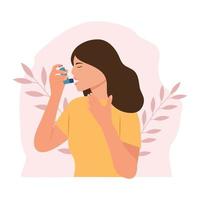 Woman uses an asthma inhaler against attack. World asthma day. Allergy,Bronchial asthma. Vector  illustration