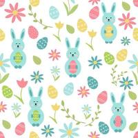 Easter spring seamless pattern with cute bunies, flowers  and decorated eggs. Hand drawn flat cartoon elements. Vector illustration