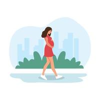Pregnant woman walking. Happy pregnancy.  Sport for pregnant. Flat cartoon vector illustration