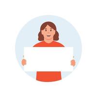 mujer sosteniendo una pancarta vacía con lugar para texto. ilustración de dibujos animados vectoriales con una niña sonriente con una cartelera en sus manos. vector