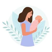 Happy mom holds her infant baby in her arms. Mother and hewborn baby.Vector illustration of motherhood and care about kids.