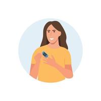 Woman using pulse oximeter device on finger.Pulse Oximeter with normal value. Digital device to measure oxygen saturation.  Vector illustration on white background