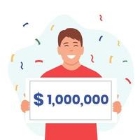 Happy man with check for one million dollars in hands. Bib win lottery,winner.Money and business, finance success rich, lottery and award, vector illustration