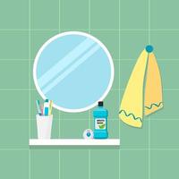 Shelf in the bathroom with a toothbrush, toothpaste, dental floss and mouthwash. Flat vector illustration.