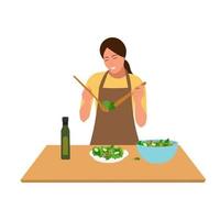 Smiling woman cooks homemadevegetable salad on kitchen table. Girl in apron cook healthy food at home. Vector flat illustration.
