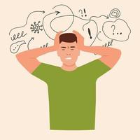 Man with nervous problem feel anxiety and confusion of thoughts vector flat.Boy with anxiety touch head surrounded by think