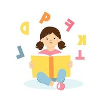 Dyslexia, failing to read. Learning disability concept.Young girl difficulty in reading. Logopedy.Scattered letters above her head and book. Vector illustration