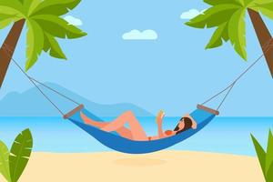 Woman reading book in hammock at seacoast. Relax.Tropical resort on summer vacation. Vacation in warm country. Sea line, sand beach, sun, sky, palms. Vector flat colorful illustration