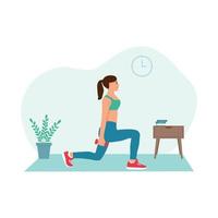 mujer fitness en casa. chica haciendo ejercicios con pesas. entrenamiento en casa. ilustración vectorial en un estilo plano. vector