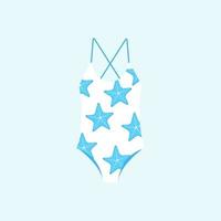 Women's one-piece swimsuit. Modern swimwear with starfish. Womens swimwear. Flat colorful vector illustration isolated on blue background.