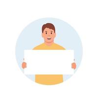 hombre sosteniendo una pancarta vacía con lugar para texto. ilustración de dibujos animados vectoriales con un tipo sonriente con una cartelera en sus manos. vector