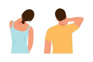 Pain in the neck. Young man and woman  with painful neck and shoulder, muscle injury, neck massage.Vector   flat illustration.People  holding hand on neck in pain. Cartoon vector illustration.