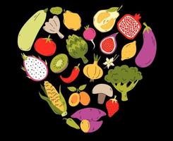 Organic foods frame template in form heart, hand drawn fruits and vegetables for menu cover, banner or brochure. Vector cartoon illustration.