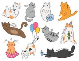 Set cute cartoon cats different breeds. Lazy cats with alcohol and lettering. Funny cats in different poses. Vector kawaii illustration.