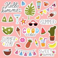 Set of cute summer stickers. Cute pineapple, ice cream, monstera, food and drink stickers. Summer lettering stickers. Cartoon vector illustration for summer cards, posters or party invitations