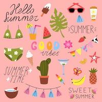 Set of cute summer elements. Cute pineapple, ice cream, monstera, food and drink stickers. Summer lettering stickers. Cartoon vector illustration for summer cards, posters or party invitations