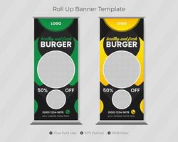 plantilla de banner enrollable de restaurante y comida con diseño pull up vector