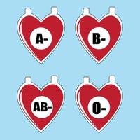 Blood type in the form of a blood bag with a heart image. Vector illustration of different blood groups. Blood test.