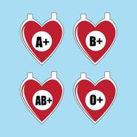 Blood type in the form of a blood bag with a heart image. Vector illustration of different blood groups. Blood test.
