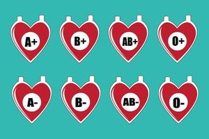 Blood type in the form of a blood bag with a heart image. Vector illustration of different blood groups. Blood test.