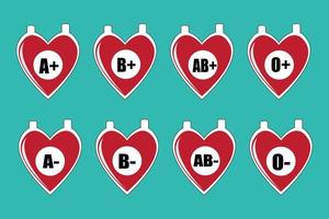 Blood type in the form of a blood bag with a heart image. Vector illustration of different blood groups. Blood test.