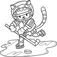 gato de dibujos animados jugando al libro de colorear de hockey. aislado sobre fondo blanco. vector