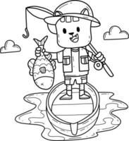 cartoon cat fisherman coloring book. Isolated on white background.