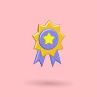 Vector de icono de medalla de estrella de oro 3d, ilustración de dibujos animados de imagen con fondo azul púrpura, amarillo y rosa