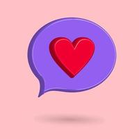 3D love speech balloon icon vector illustration, with purple background, favorite post on media social