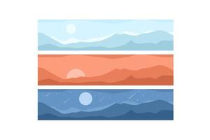 conjunto de pancartas de paisaje de montaña con diseño plano y con diferente atmósfera de tiempo vector