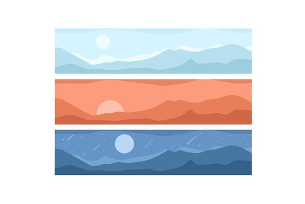 set of mountain landscape banners with flat design and with different time atmosphere