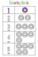 Coloring book. Doughnut or Donut. Coloring book page for preschool children with numbers and doughnut to color. Activity for children. vector