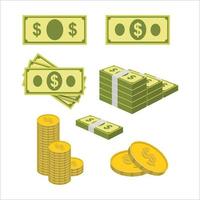 Ilustración de vector de efectivo de dinero. papel moneda y moneda con un signo de dólar. apto para finanzas, operaciones bancarias o transacciones. estilo de color plano
