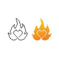 corazón en llamas, amor fuego. ilustración de icono de vector de 8 bits de pixel art