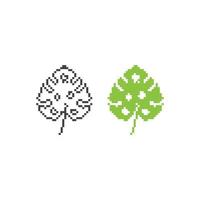 Monstera leaf, tropical leaves. Pixel art 8 bit vector icon illustration