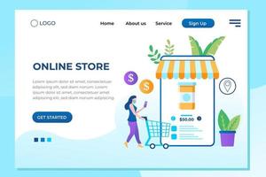 E-shop, shopping concept with characters. Commercial checkout pay, ecommerce retail on device for customer application. Discount for woman smart purchasing. Flat vector illustration