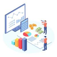 Balance financial value, management and administration concept. Characters, people engineering a plan. Statistic, calculating financial risk graph. Flat isometric characters vector illustration