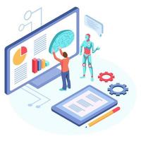 Human interactive tech interaction. Images of robot human working at office, can use for web banner, infographics, hero images. Flat isometric vector illustration isolated on white background
