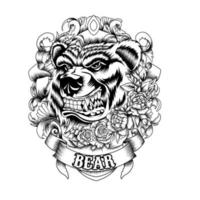 angry bear with roses and ornament around vector