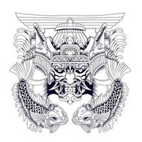 máscara oni con pez koi e ilustración de vector de puerta tori en estilo detallado