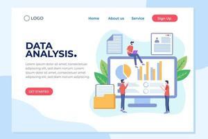 Data analysis concept with characters. Engine strategy, analyzing, infographic of workplace for developers, workspace for creative optimization. Template for web banner, flat design illustration vector