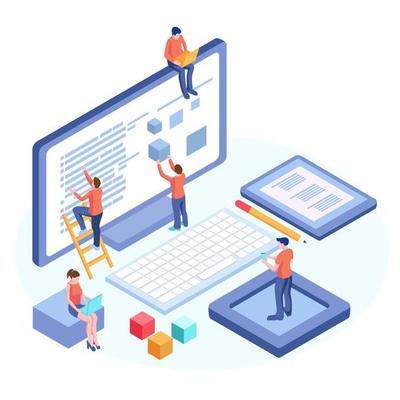 Engineer team at project development, template for developer. Coding develop, programmer at computer or workstation for business. Concept with character, flat isometric vector illustration