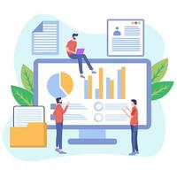 Data analysis concept with characters. Engine strategy, analyzing, infographic of workplace for developers, workspace for creative optimization. Template for web banner, flat design illustration