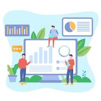 Data analysis concept with characters. Engine strategy, analyzing, infographic of workplace for developers, workspace for creative optimization. Template for web banner, flat design illustration