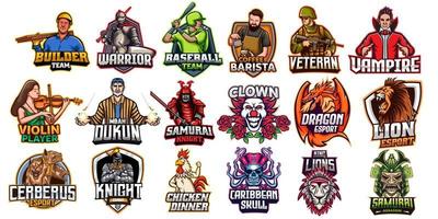 Collection of emblems of samurai, lion, skull, knight, cerberus, dragon, clown, chicken, warrior, witch, vampire, baseball player. Colorful set, vector illustration