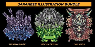 Japanese illustration bundle of oni mask, geisha, hannya mask isolated vector illustration