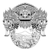 la ilustración vectorial de la isla de los dioses. máscara barong con paisaje balinés.