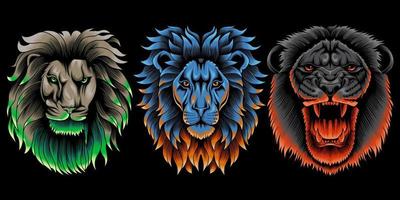 Collection of lion head in neon color style vector