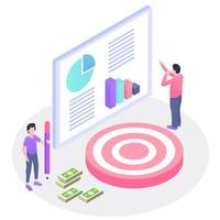 Isometric concept, wifi connected people, bar presentation. Occupation plan, workplace for team cooperation. Discussing together, diagram of brainstorming. Report, sales target, marketing illustration vector