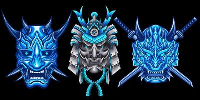 conjunto de máscara oni y samurai con ilustración de vector de katana